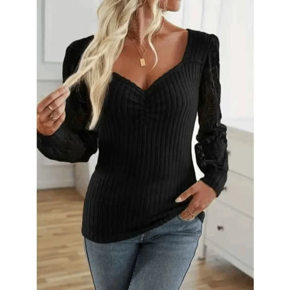 Lace Floral Long Sleeve Sweetheart Neckline Blouse Top Shirt
